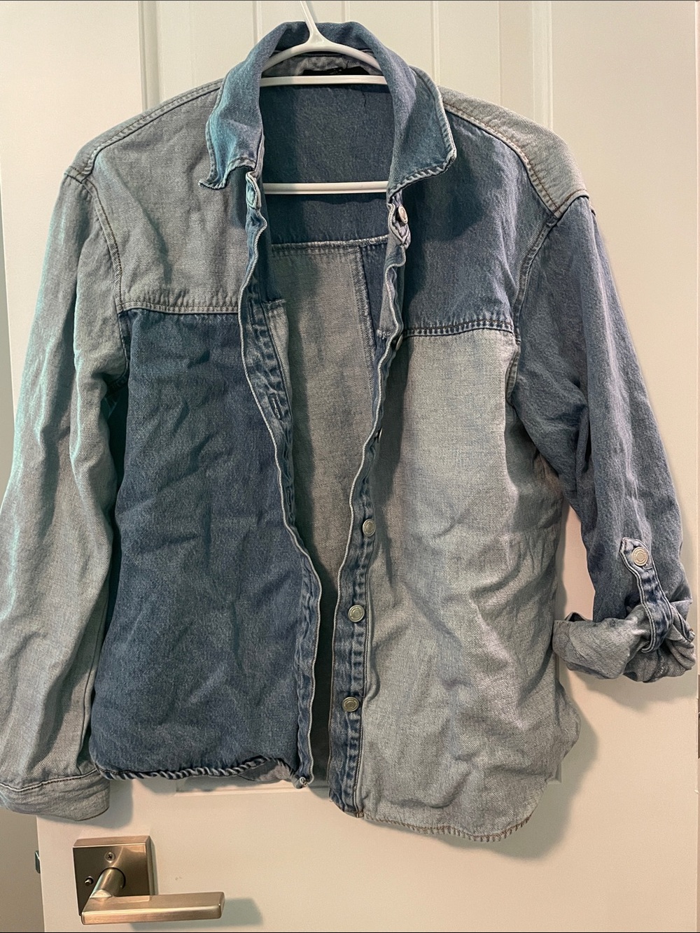 Women's Two-Tone Denim Button-Up Long Sleeve Shirt - Light & Medium Blue